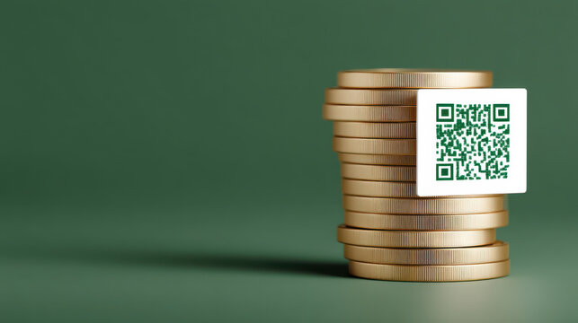 Stack of gold coins with QR code label attached, green background, symbolizing digital payment - Powered by Adobe