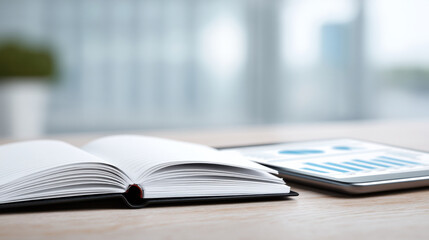 Open book and digital tablet with charts wooden table bright room, suggesting study or work