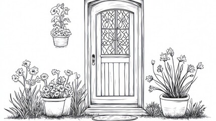 Fototapeta premium Ornate door, potted plants, garden, home entrance, design illustration