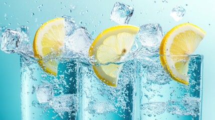 Refreshing sparkling water with lemon and ice cubes
