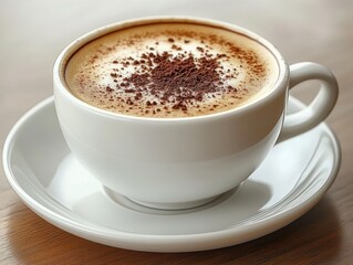 Fototapeta premium White ceramic cup filled with frothy coffee topped with cocoa powder, placed on matching saucer on wooden table
