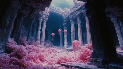 Pink jellyfish in sunken temple ruins underwater fantasy scene