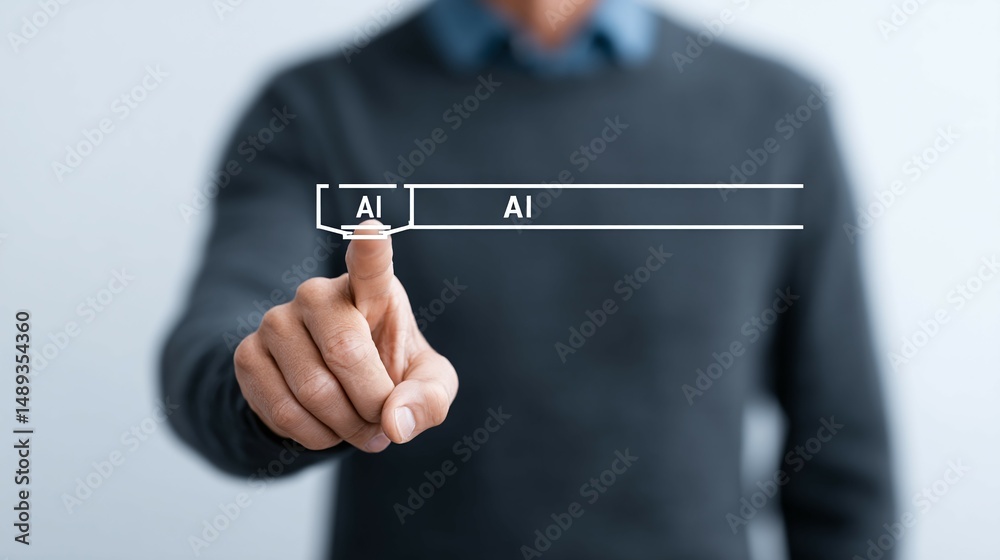 Wall mural person touches a virtual interface with index boxes against a light background.