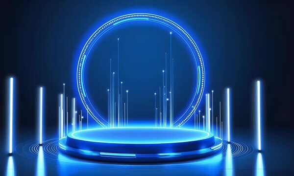 Abstract blue technology background with glowing light and podium for product presentation, futuristic design with neon lines and circles on a dark black backdrop, vector illustration. The background 