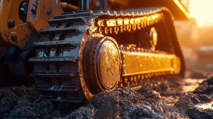 Close-up view of a heavy construction vehicle's metal track moving through wet mud during sunset with warm golden light reflecting off the machinery