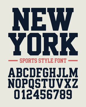 Classic college font. Vintage sport serif font in american style for football, soccer, baseball and basketball. Alphabet and numbers in varsity style