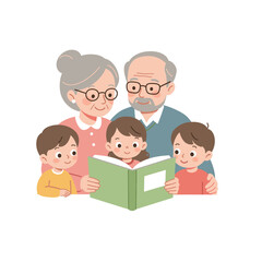 Four family members reading a book together with smiles at home  