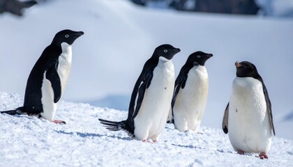 Obraz premium Adelie Penguins standing gracefully on snowy terrain of Antarctica wildlife