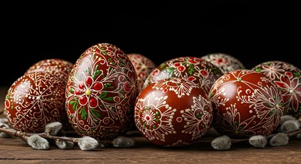 Intricately Decorated Easter Eggs on Wooden Table Background
