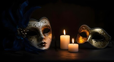 Enigmatic Masks in Candlelit Setting with High-Quality Atmosphere