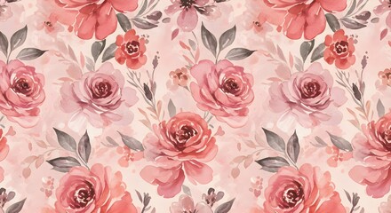 Pastel Floral Watercolor Seamless Pattern with Soft Roses and Leaves