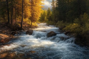 Rushing river flowing through a dense forest with autumn-colored trees and sunlit foliage under a partly cloudy sky