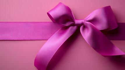 Top view of purple ribbon rolled and pink bow isolated on colored background. Flat lay with copy space.