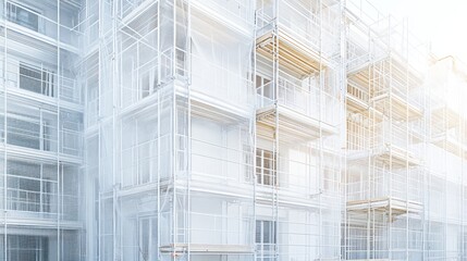 White building encased in scaffolding and netting clean geometric architectural design