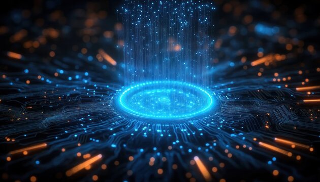 Glowing blue digital data stream rising from a circular futuristic circuit board with orange and blue light particles