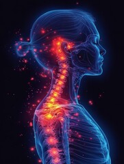 Woman holding neck in pain, X-ray style illustration with highlighted spine and red color on nape indicating severe neck pain, medical diagram, anatomical art