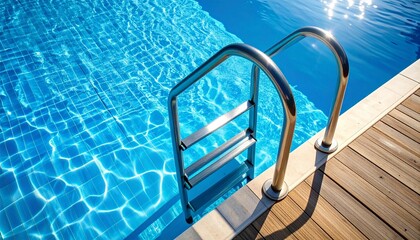 Top view of a swimming pool with clear blue water and metal ladder casting reflections in the sunlight. Perfect for summer themes, vacation concepts, or relaxation and wellness advertising