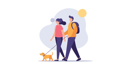 Young couple walking a dog in a sunny park during the day  