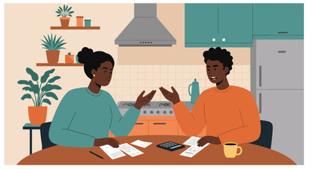 Couple discussing finances while sitting at the kitchen table