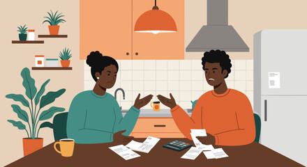 Couple discussing finances while sitting at kitchen table with receipts  