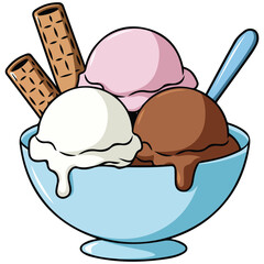 Vanilla and chocolate ice cream scoops in bowl