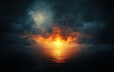 Fototapeta premium Dramatic Sunset Over Ocean Waters Under Dark Storm Clouds with Fiery Colors and Calm Reflective Surface