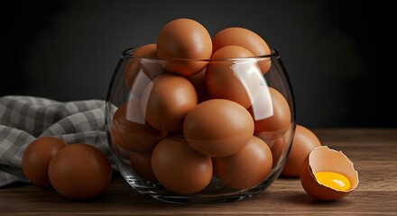 Fresh and High-Quality Brown Eggs in a Glass Bowl on a Wooden Table