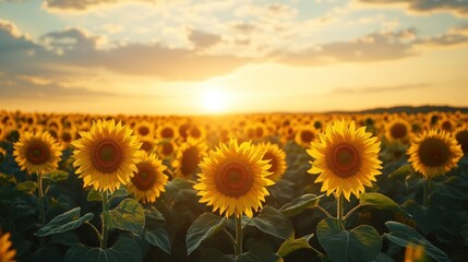 Obraz premium Vibrant Sunflower Field at Sunset with Golden Light and Cloudy Sky in Beautiful Landscape