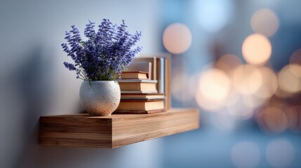 Fototapeta premium Lavender bouquet in ceramic vase on wooden shelf. Stacked books in soft bokeh light. Calm productivity and mindful focus. Ideal for wellness blogs, home office branding, and lifestyle ads.