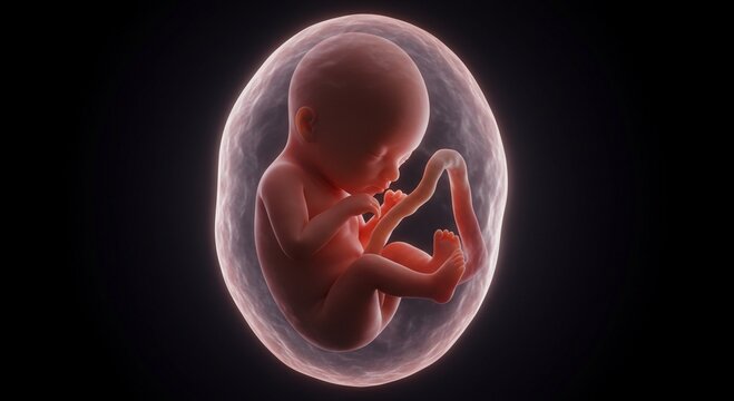Developing Fetus Inside Amniotic Sac on Dark Background