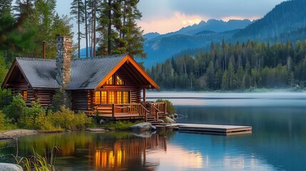 Obraz premium A beautiful cabin on a lake surrounded by trees, a peaceful and picturesque scene.