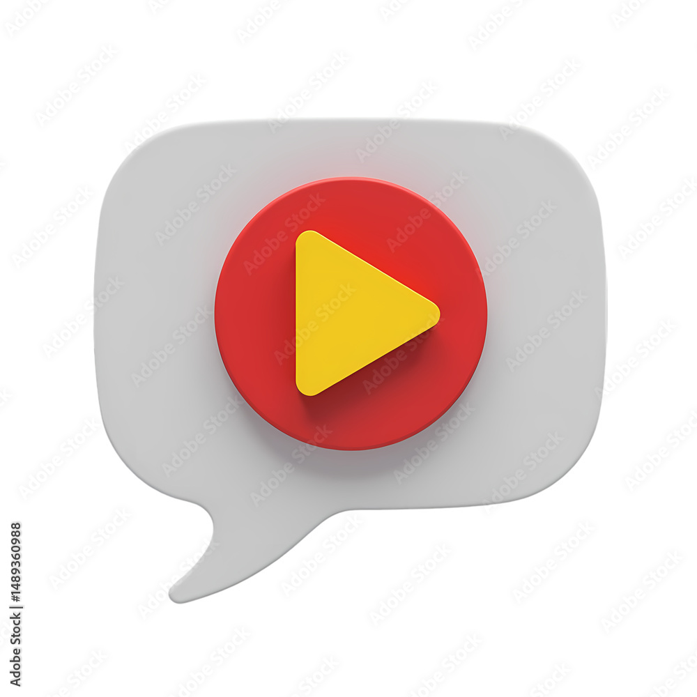 Poster a play button inside a red circle on a chat bubble icon with a yellow triangle in the center isolate