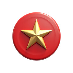 Fototapeta premium A golden star on a red circular badge with a glossy finish in a studio shot isolated on transparent background