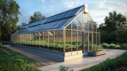 Fototapeta premium Contemporary Solar Powered Greenhouse in Lush Garden Environment