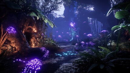 Luminous flora mystical forest path at night glowing plants fantasy environment