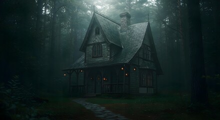 Dreamy Gothic Cottage Surrounded by Enigmatic Forest Landscape