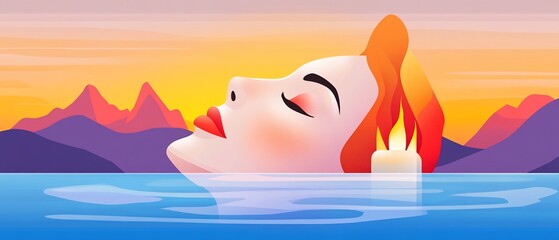 Woman in water, candle flame hair, mountains, orange sky background