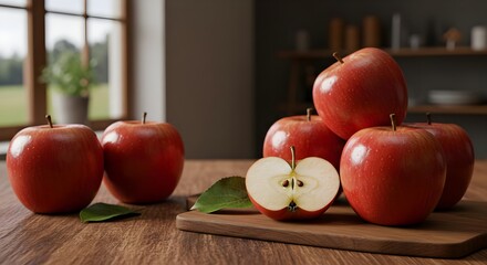 Fresh Red Apples on Wooden Table with Natural Light