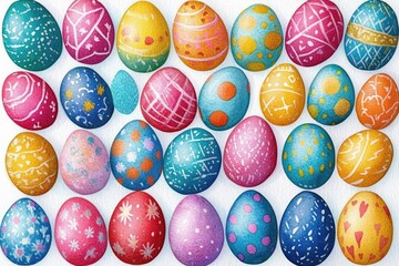 Colorful collection of decorated Easter eggs with various patterns including dots, flowers, hearts, and abstract lines displayed on a white background, evoking festive and cheerful mood