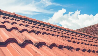 Angled View of Weathered Terracotta Roof Tiles under a Sunny Sky with Clouds
