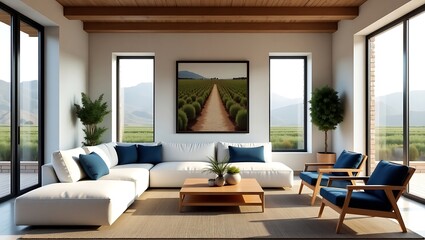 Fototapeta premium Modern living room design with white sectional sofa and blue accents for interior design inspiration 