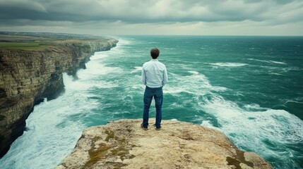 Man on cliff overlooking dramatic ocean waves stormy sky