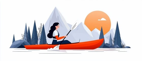 Woman kayaks on water; mountains, trees, sun background in minimalist design