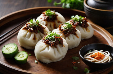 Steamed Chinese buns (baozi) topped with flavorful filling and herbs. Ready to eat.