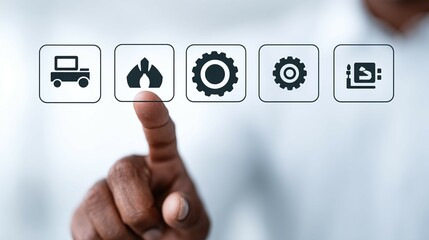 Hand touching icons representing energy industry or engineering on a light background.