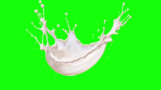 Dynamic milk splash isolated animation, transparent 4K video, green screen