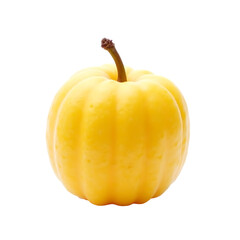 Highly detailed photorealistic depiction of a single yellow nashi pear, showcasing its smooth texture and unique shape against a stark