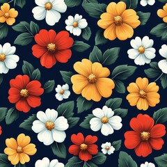 Seamless floral pattern with vibrant orange, red, and white flowers accompanied by lush green leaves on a dark background, conveying a lively and cheerful atmosphere