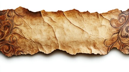 Aged paper texture with decorative swirls torn edges white background