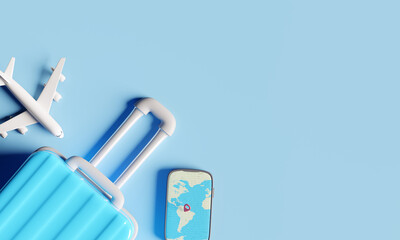Blue suitcase with airplane and world map on smartphone against a blue background. 3d rendering